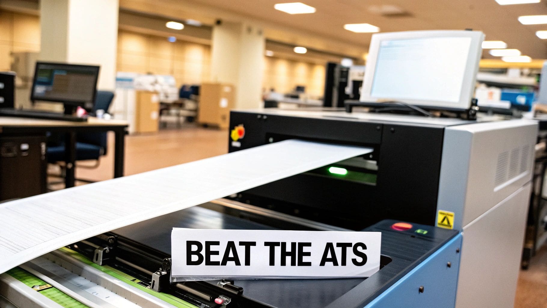 Digital representation of resume passing through Applicant Tracking System filter with ATS screening algorithms before reaching human recruiter for job application review