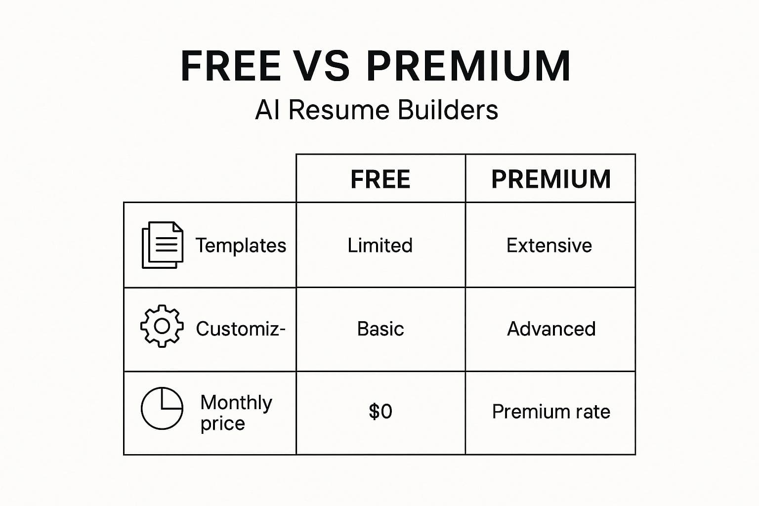 Infographic comparing features of free versus premium AI resume builders including templates, customization options, cost and value proposition for job seekers