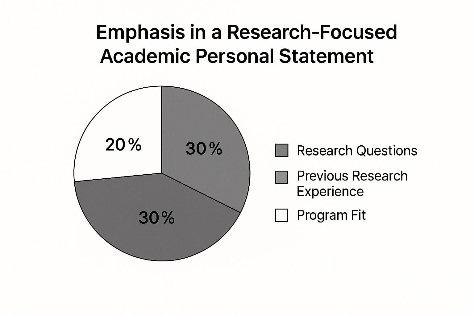 Infographic showing research-focused personal statement structure with percentages for past research, programme fit, and future goals