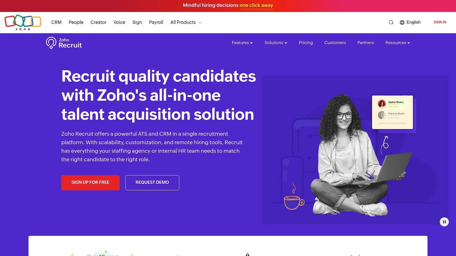 Zoho Recruit software dashboard showcasing applicant tracking, candidate matching, and workflow automation features