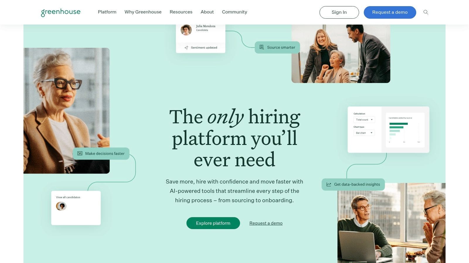 Greenhouse ATS platform displaying structured interview scorecards, diversity analytics, and comprehensive recruitment workflow management
