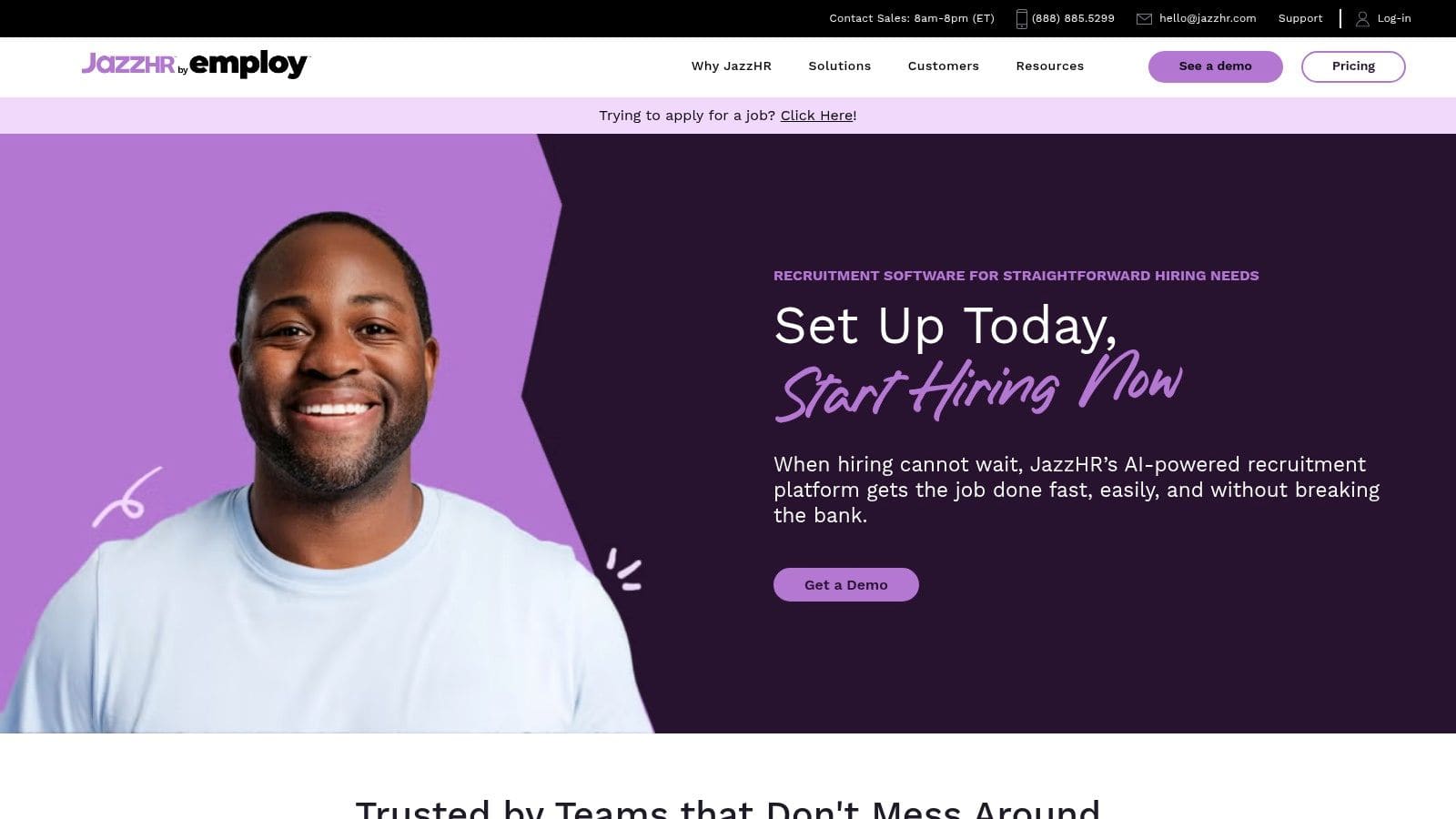 JazzHR applicant tracking system interface showing candidate pipeline management, team collaboration tools, and affordable pricing structure
