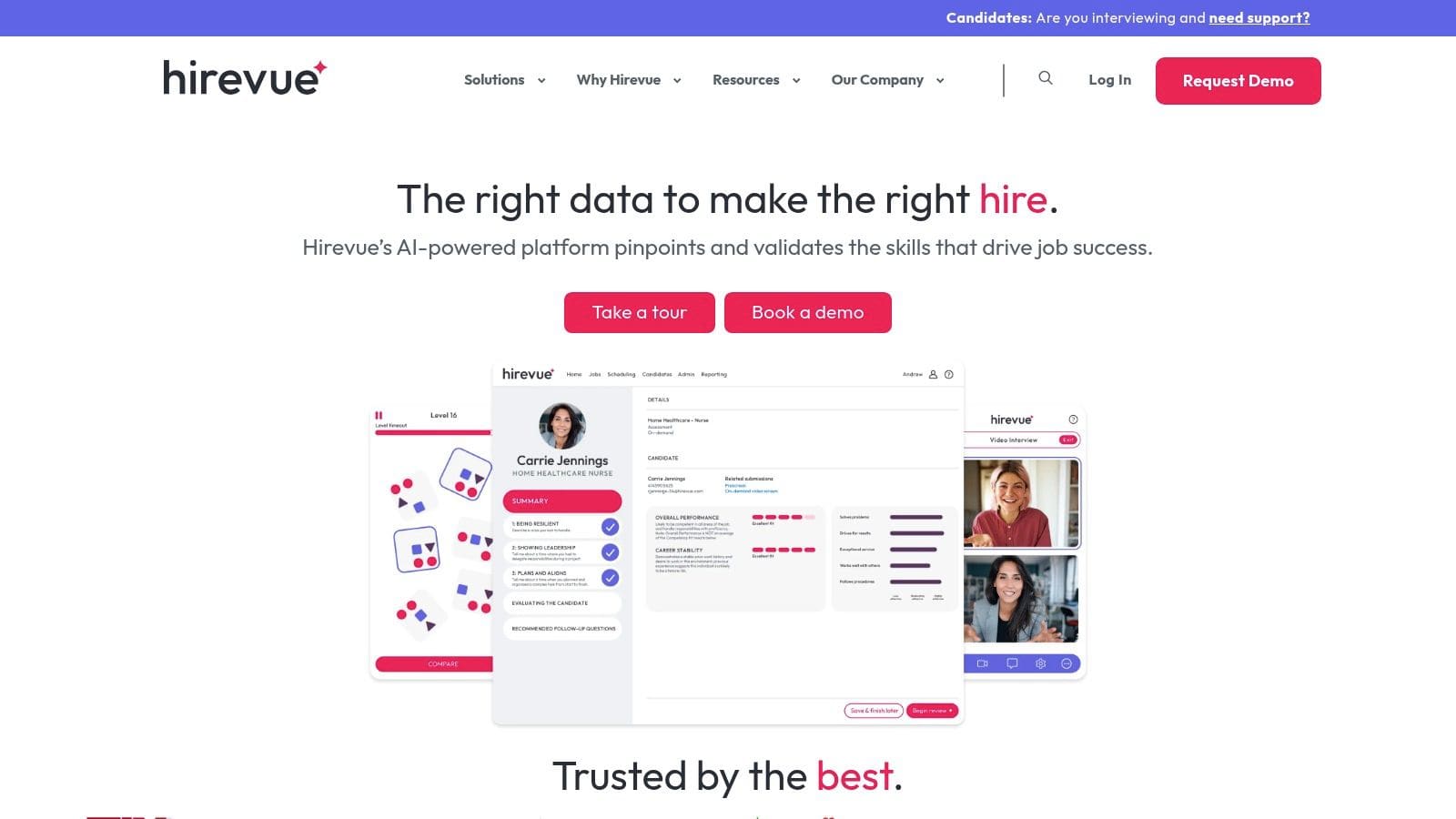 HireVue video interviewing platform showing on-demand interview interface, AI assessment tools, and candidate evaluation dashboard