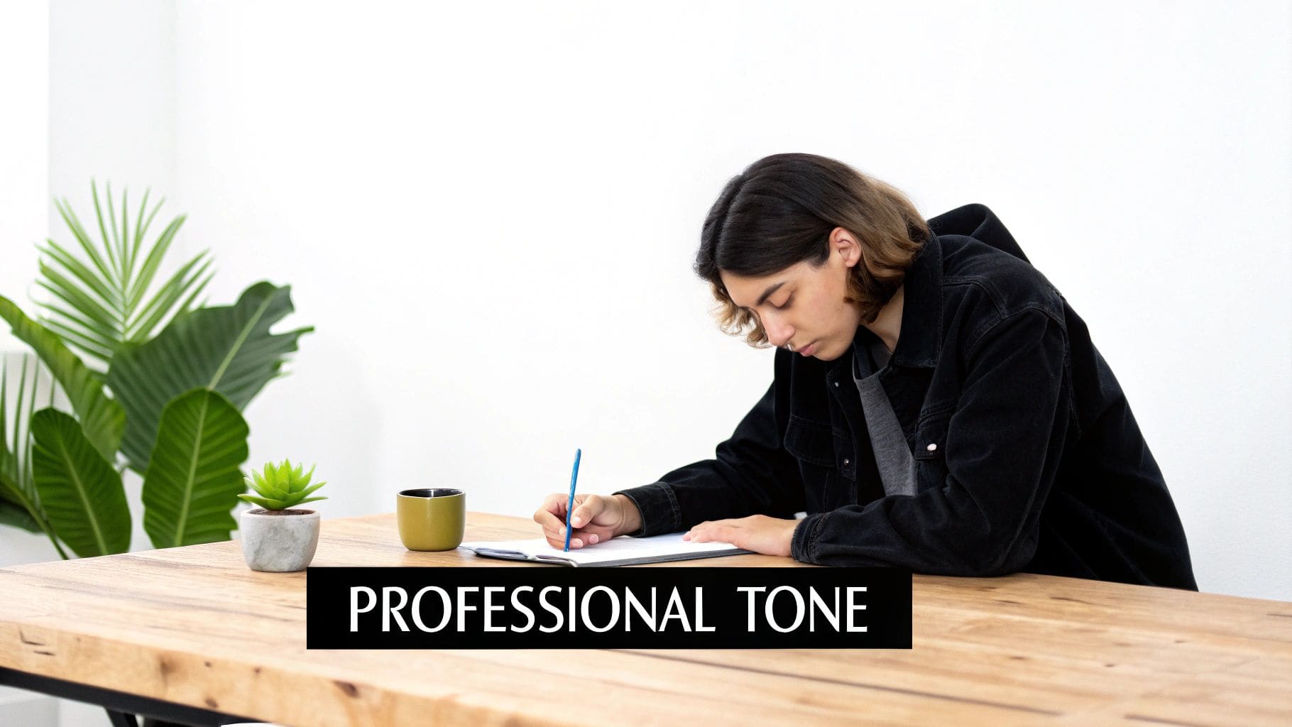 Professional carefully considering their words whilst writing a resignation letter at their desk
