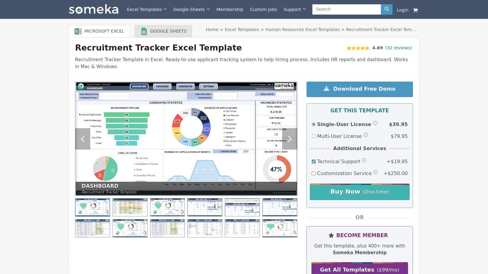 Someka Excel recruitment template with dynamic dashboard, pipeline statistics, and advanced reporting charts