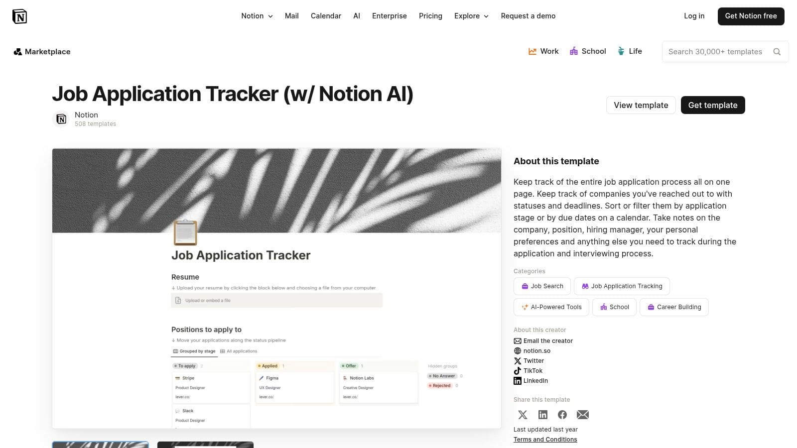 Notion job application tracker template with Kanban board view showing different application stages and customisable database fields