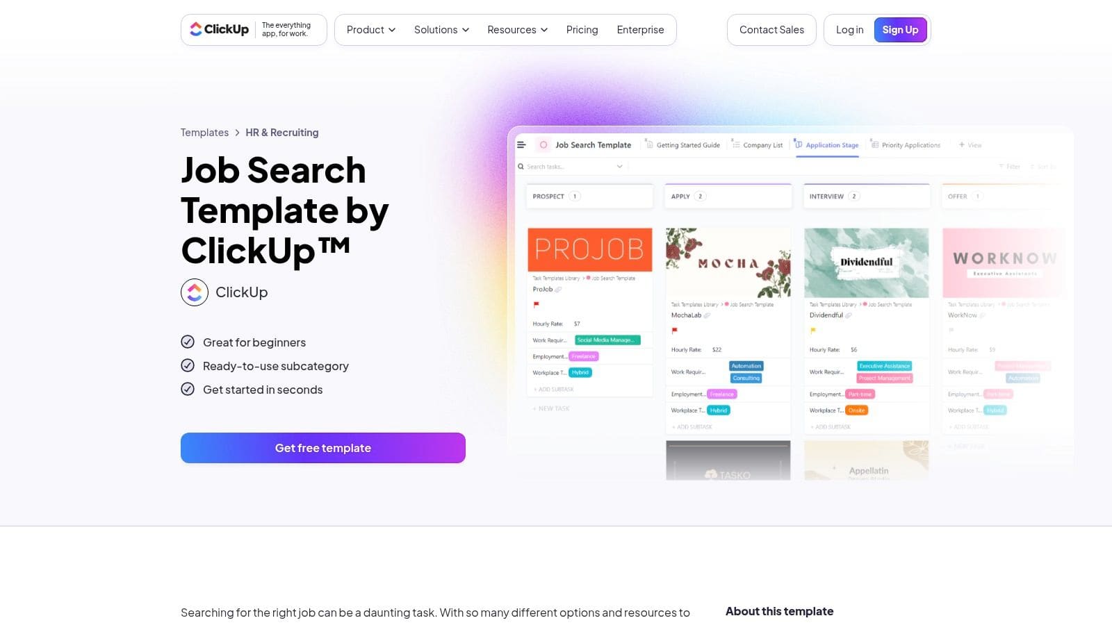 ClickUp job search template with custom statuses, multiple view options, and automated reminder settings