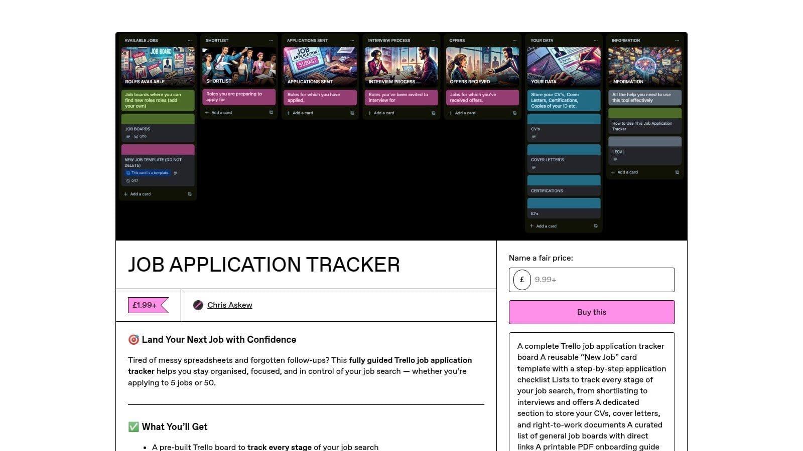 Gumroad marketplace showing premium job tracker templates with creator documentation and bonus resources