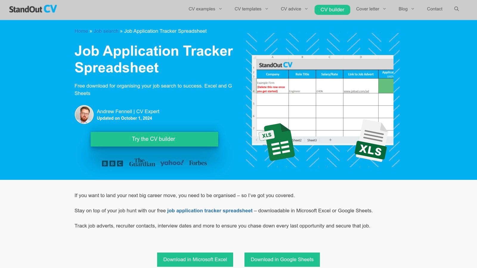 StandOut CV free Excel and Google Sheets tracker template with conditional formatting and aging indicators
