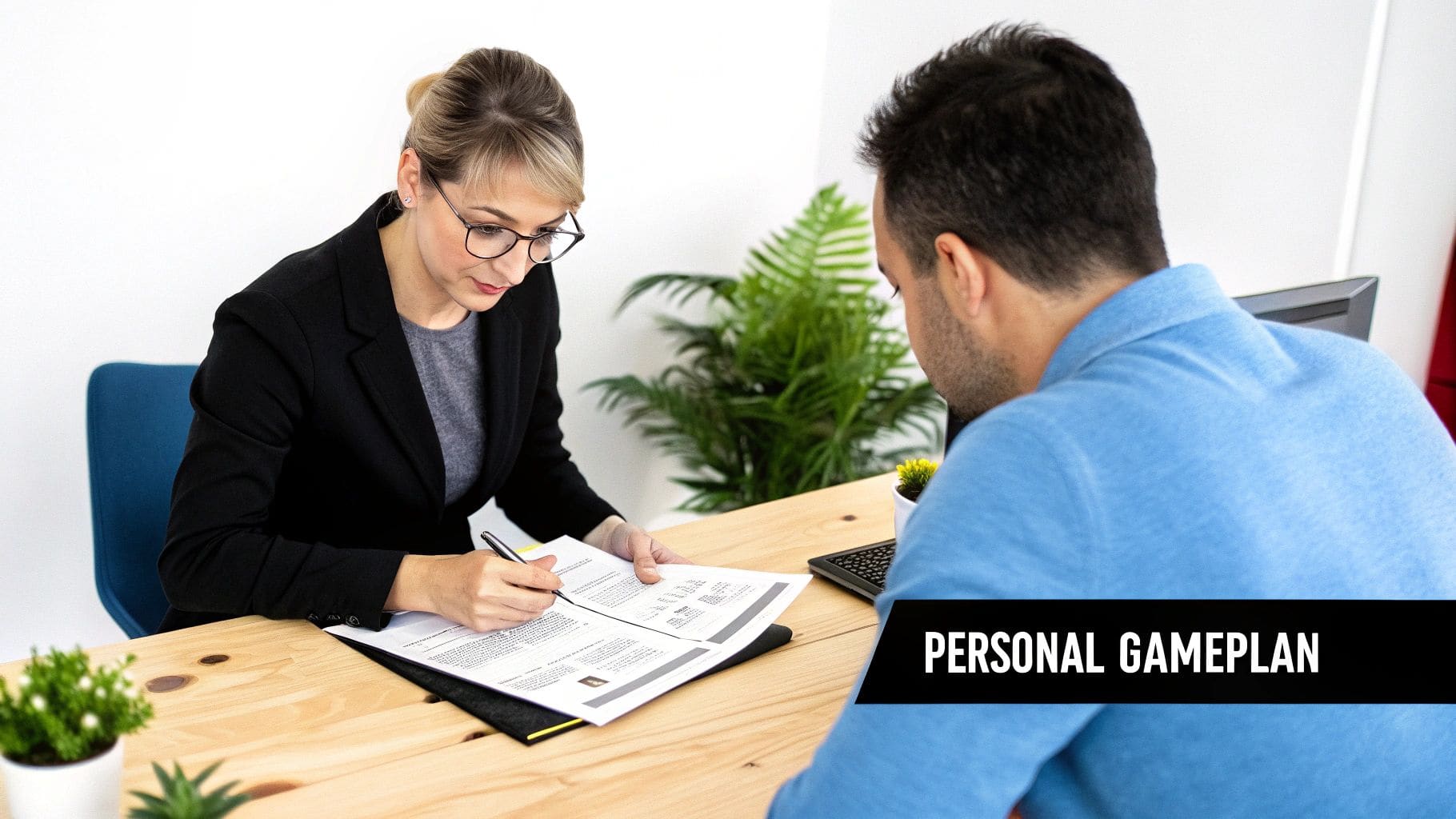 Professional interview coach providing guidance to candidate in modern office setting with notes and laptop
