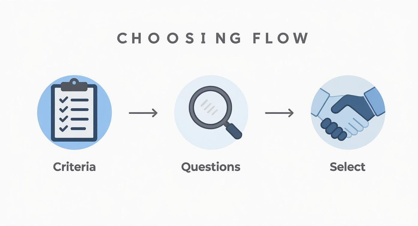 Infographic showing three-step process for choosing interview coach: define criteria, ask questions, and select best fit