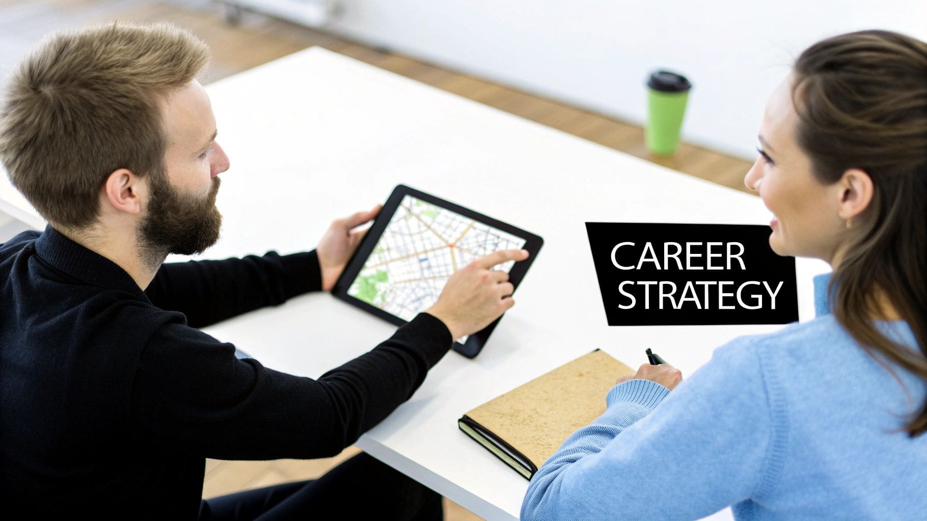 A career coach collaborating with a client on a laptop, illustrating a productive partnership
