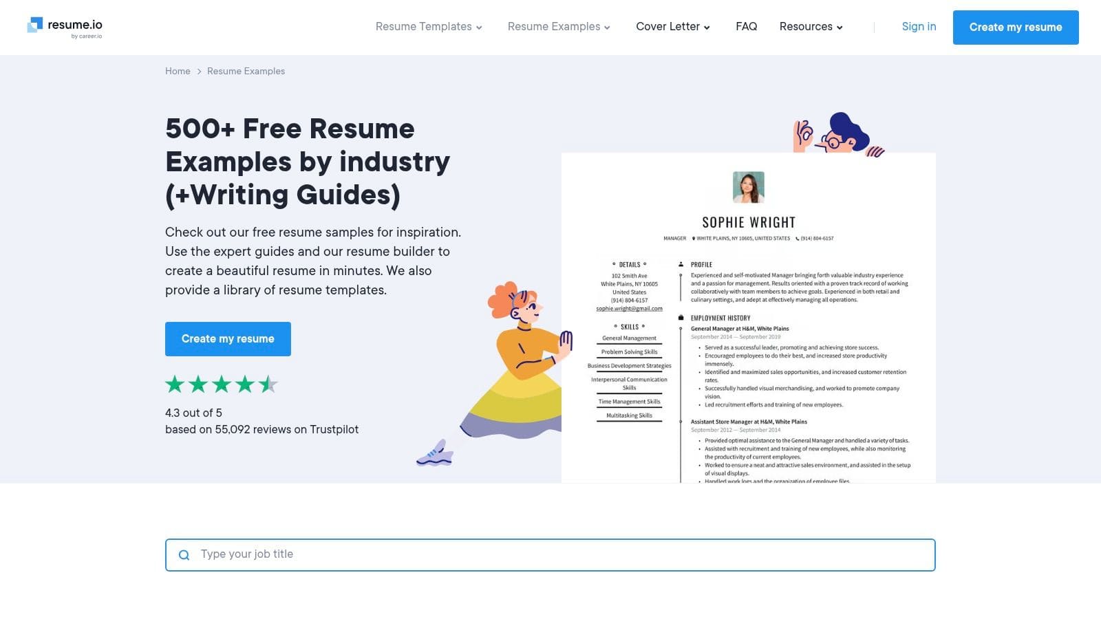 Indeed Career Guide showing resume examples by job title with common skills and industry-specific formatting