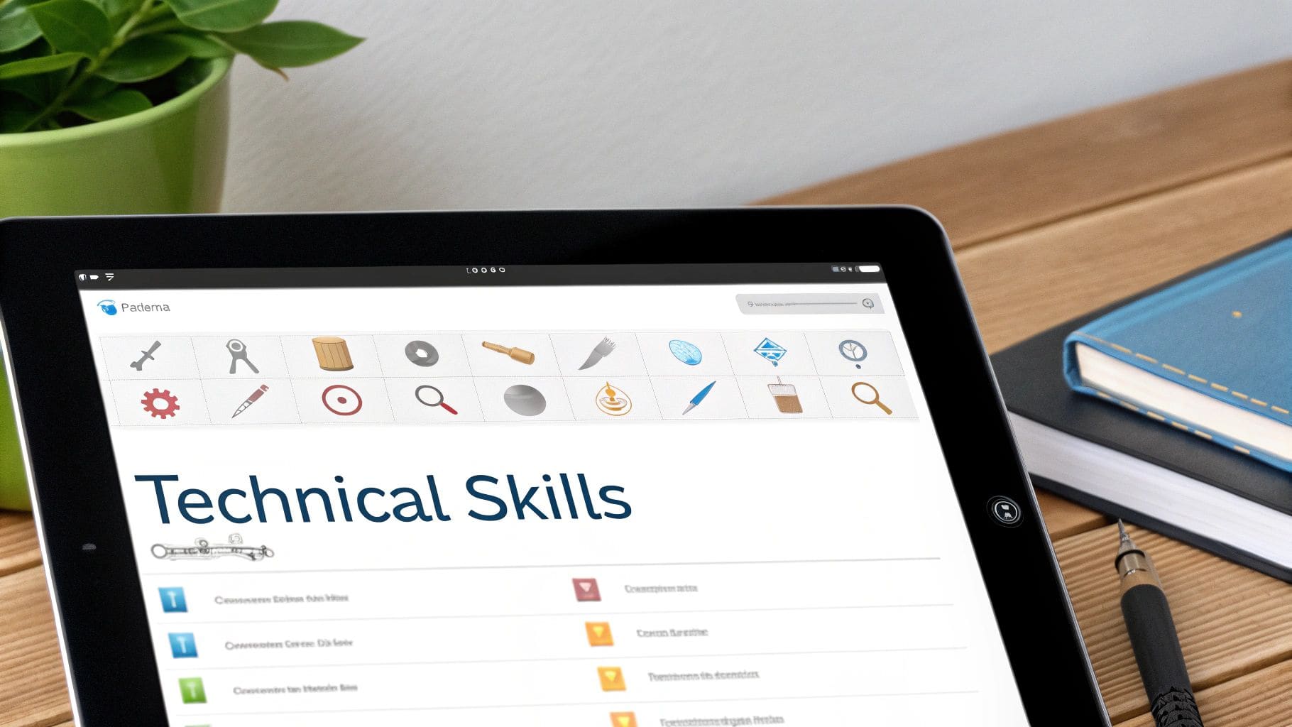 A well-organised digital dashboard displaying various technical skill icons like Python, SQL, and Tableau
