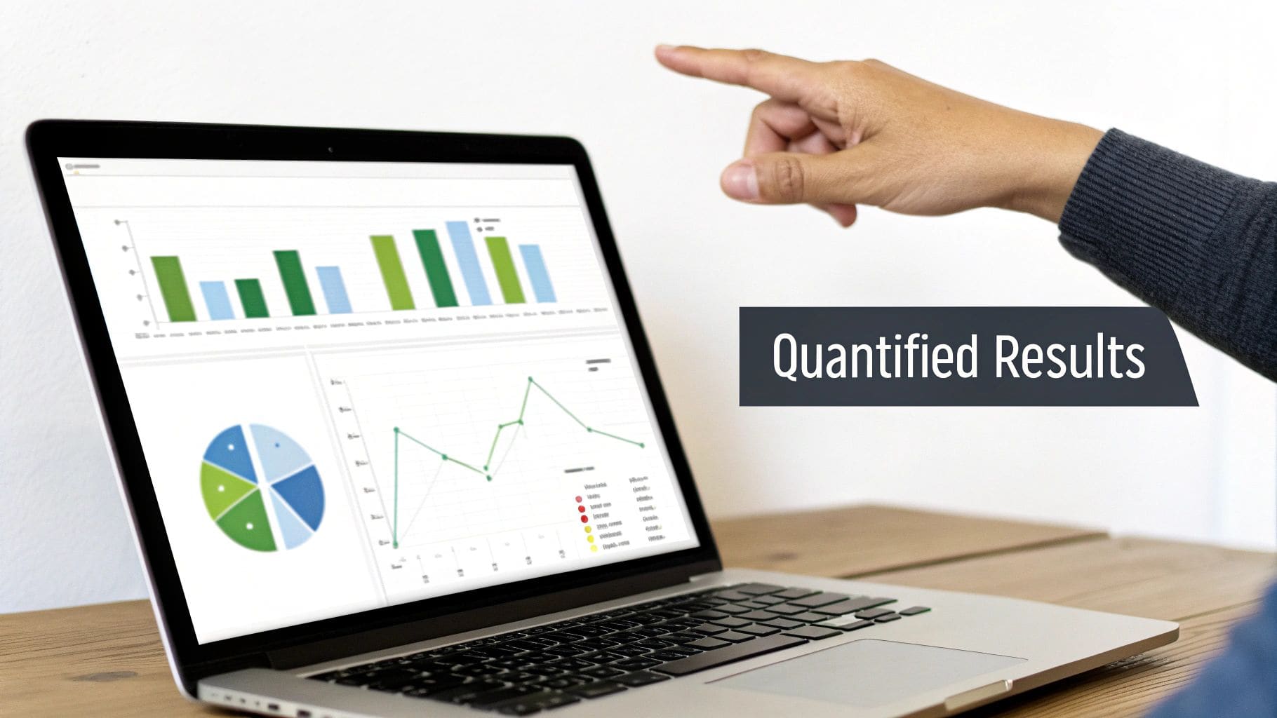 A person pointing at a screen showing a graph with increasing metrics, illustrating quantifiable results