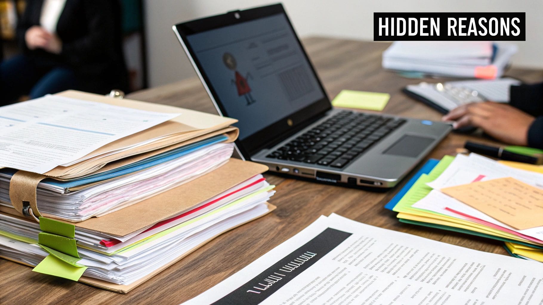A busy office scene with a recruiter looking overwhelmed by multiple screens and stacks of paper, representing the high workload that contributes to recruiter ghosting