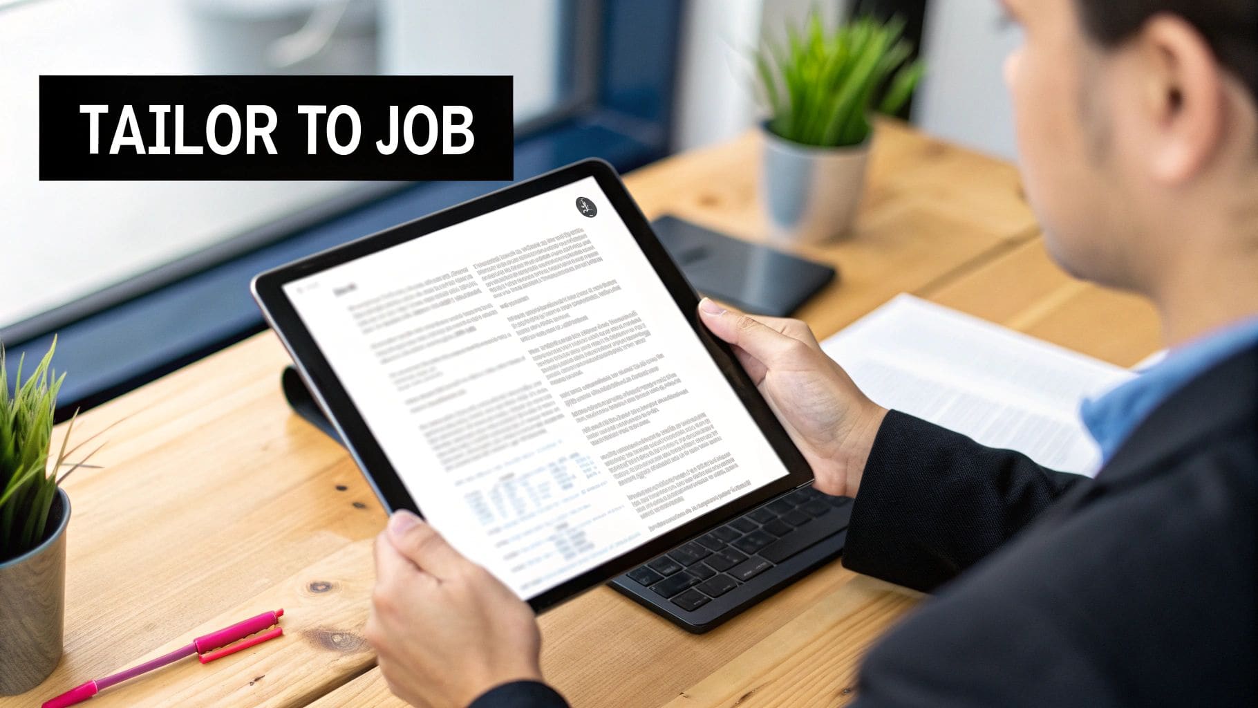 JD Fit Checker interface displaying resume-to-job-description comparison with match score and keyword analysis