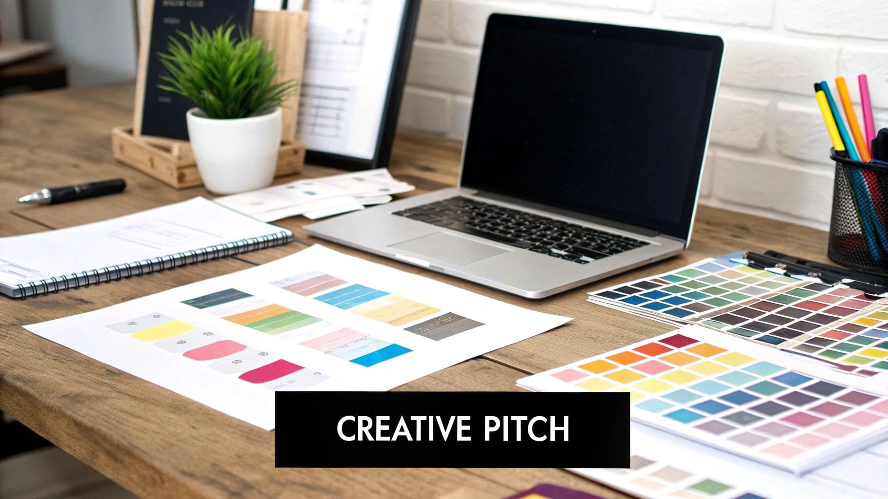 Creative mood board featuring typography samples, color palettes, design elements, and marketing campaign imagery representing creative professional branding