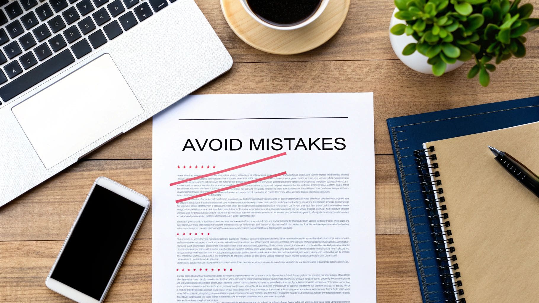 Red warning sign and marked-up document showing common cover letter mistakes including generic greetings, typos, and cliches to avoid