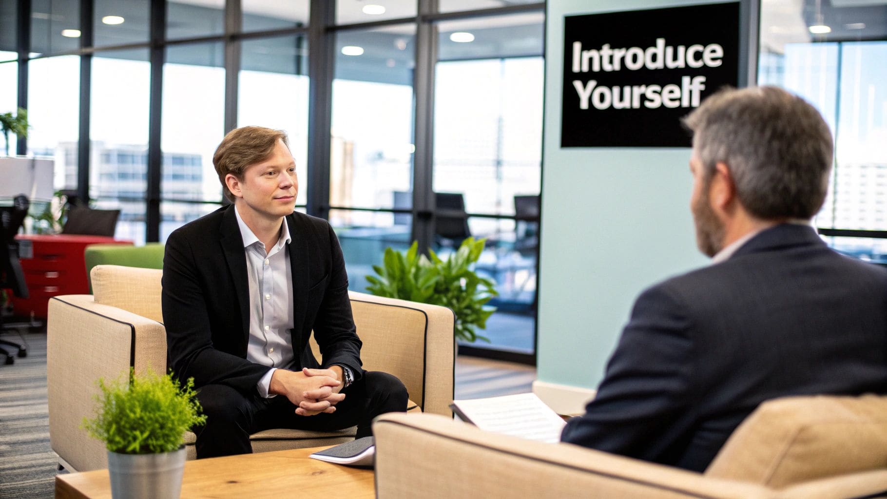 Professional candidate confidently introducing themselves during a job interview with a clear and structured response