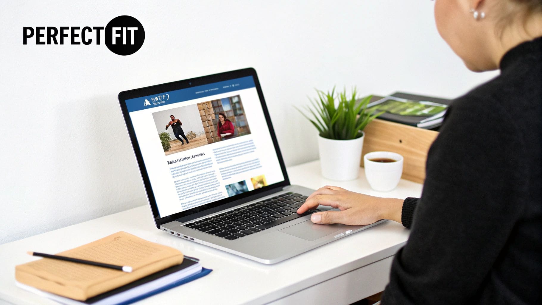 Job seeker researching company information on laptop demonstrating genuine interest and preparation for why they want to work at a specific organization